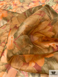 Rustic Floral Printed Silk Organza - Orange / Soft Greens / Red