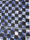 Checkered Abstract Floral Printed Silk Organza - Royal Blue / Black / White