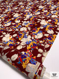 Vibrant Floral Printed Wool Challis - Maroon / Ivory / Tangerine Yellow / Blues