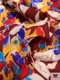 Vibrant Floral Printed Wool Challis - Maroon / Ivory / Tangerine Yellow / Blues