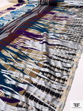 Novelty Abstract Painterly Printed Wool Challis with Silver Foil Print - Maroon / Teal / Purple / Silver