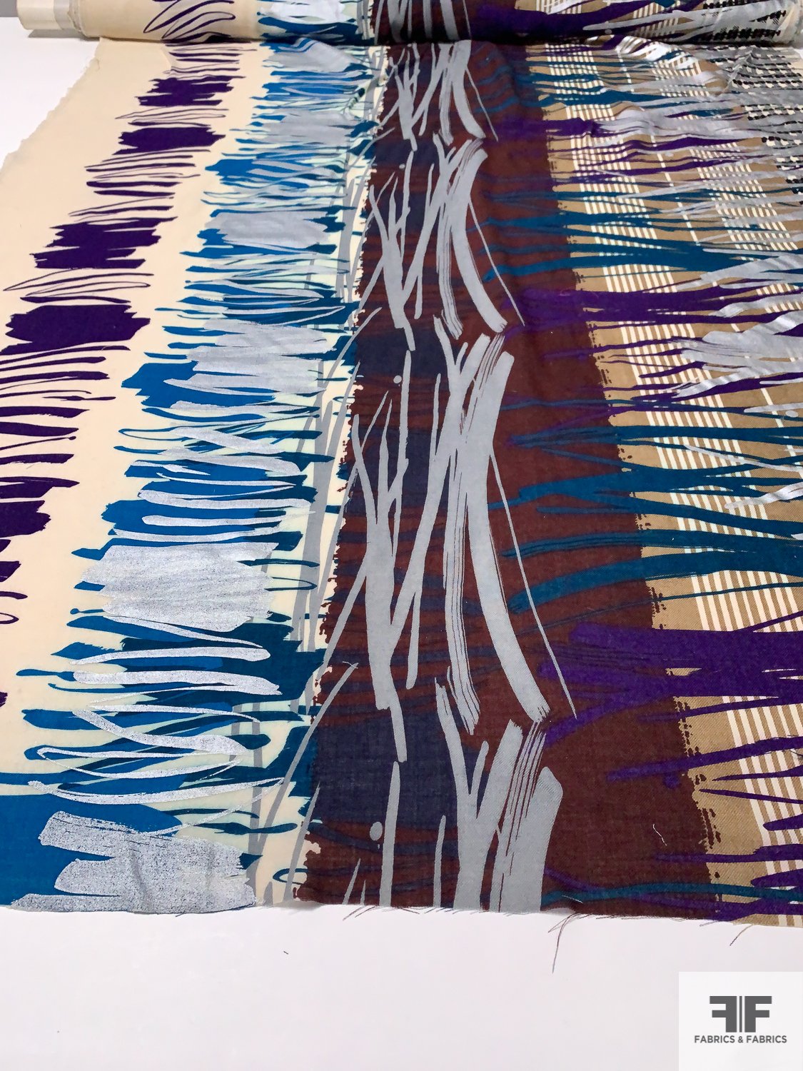 Novelty Abstract Painterly Printed Wool Challis with Silver Foil Print - Maroon / Teal / Purple / Silver