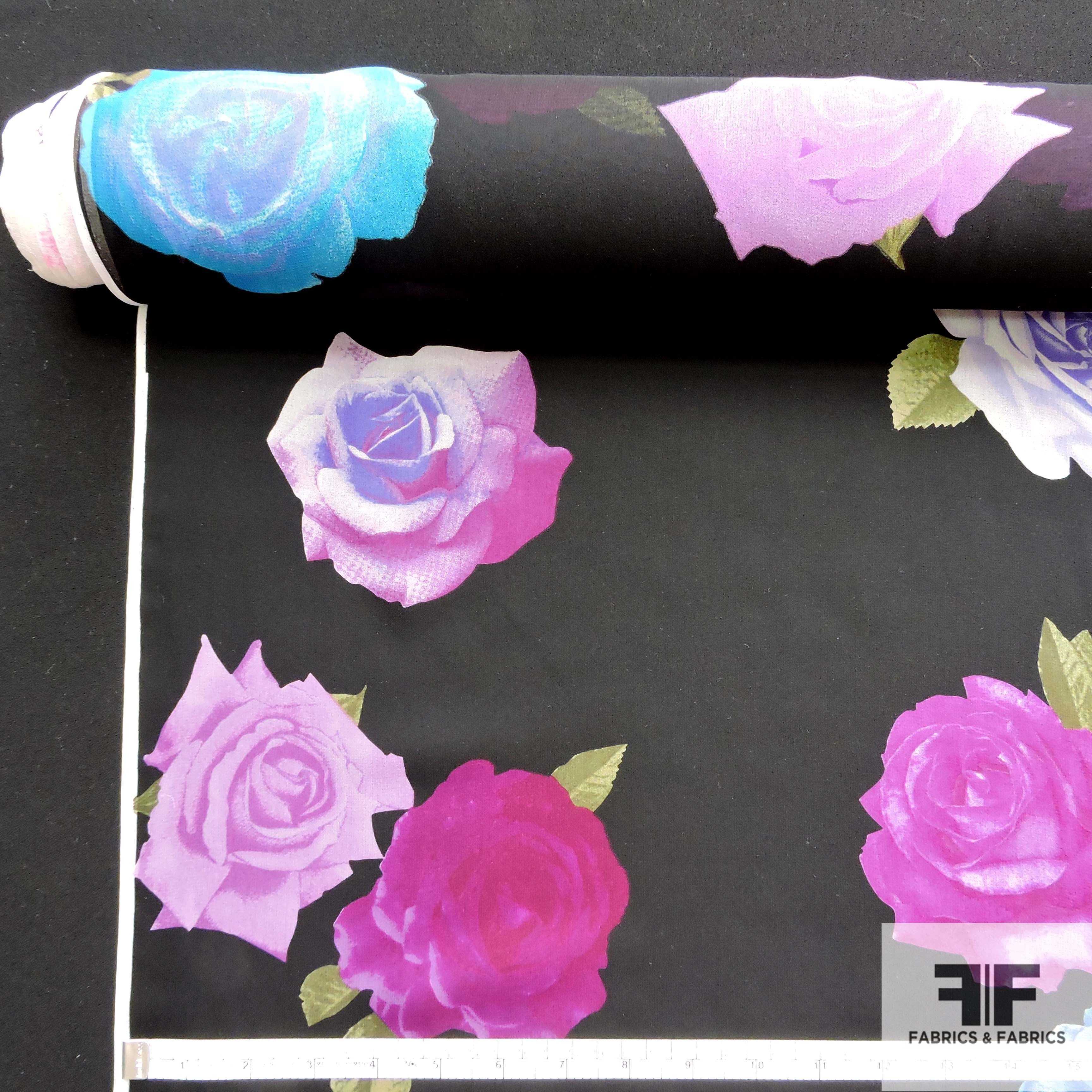 Floral Printed Silk Chiffon - Black/Pink/Blue