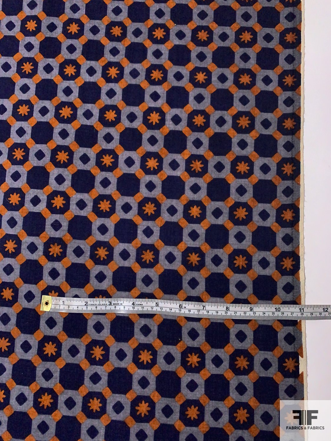 Art Deco Checkerboard Printed Wool Challis - Navy / Powder Blue / Ginger Orange