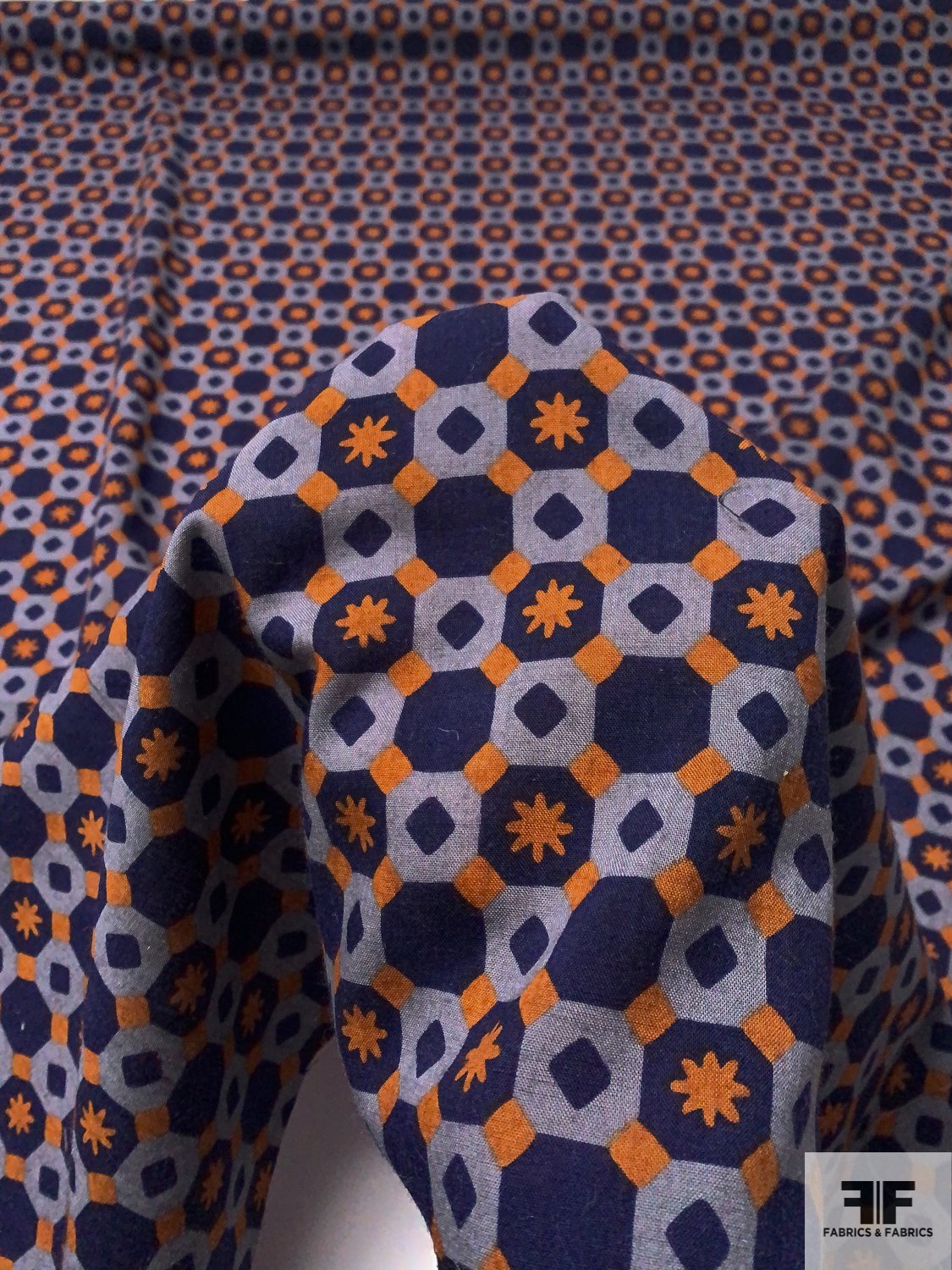 Art Deco Checkerboard Printed Wool Challis - Navy / Powder Blue / Ginger Orange