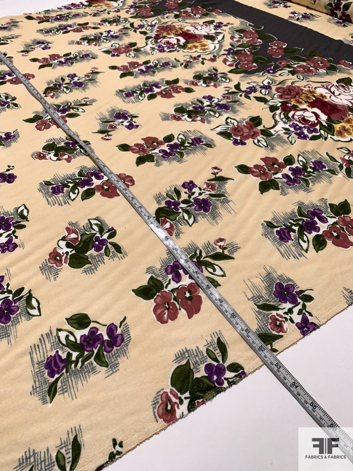 Italian Floral Printed Viscose Gabardine Panel - Cream / Green / Mauve / Purple