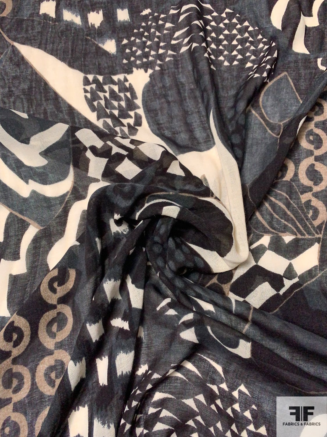 Italian Abstract Leaf Collage Printed Wool Rayon Challis - Teal / Black / Cream