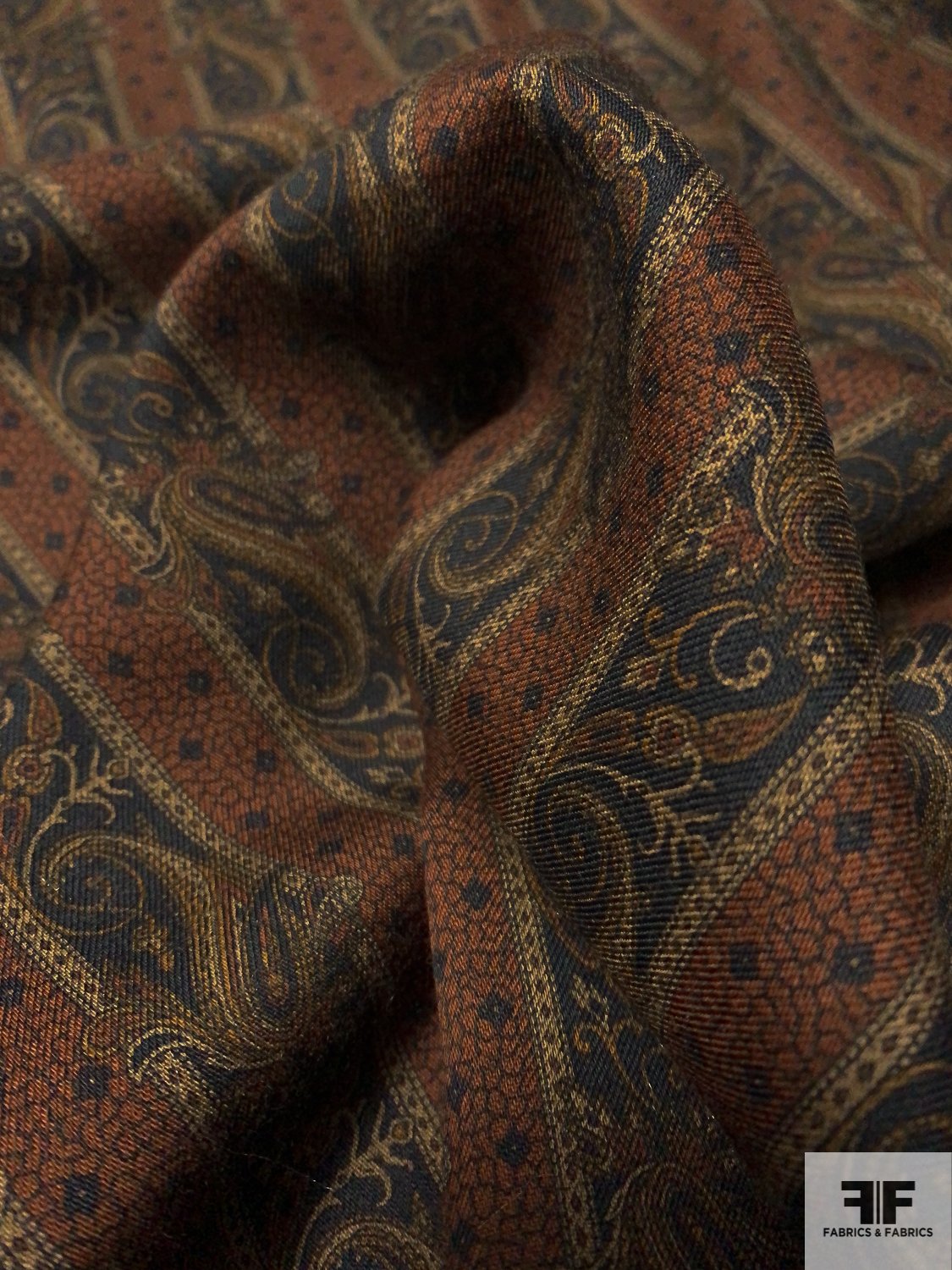 Made in Germany Striped Paisley Printed Wool Challis - Cinnamon Brown / Black
