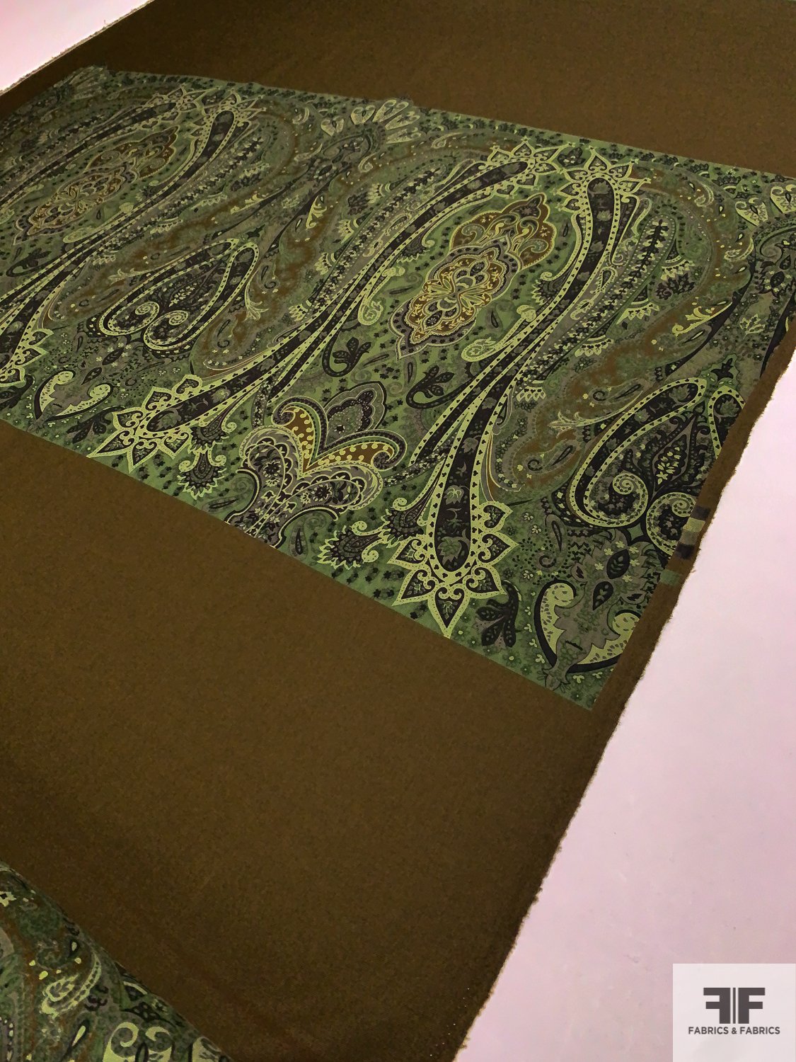 Italian Paisley Printed Fine Wool Gabardine Panel - Khaki Brown / Pear Green / Shades of Green