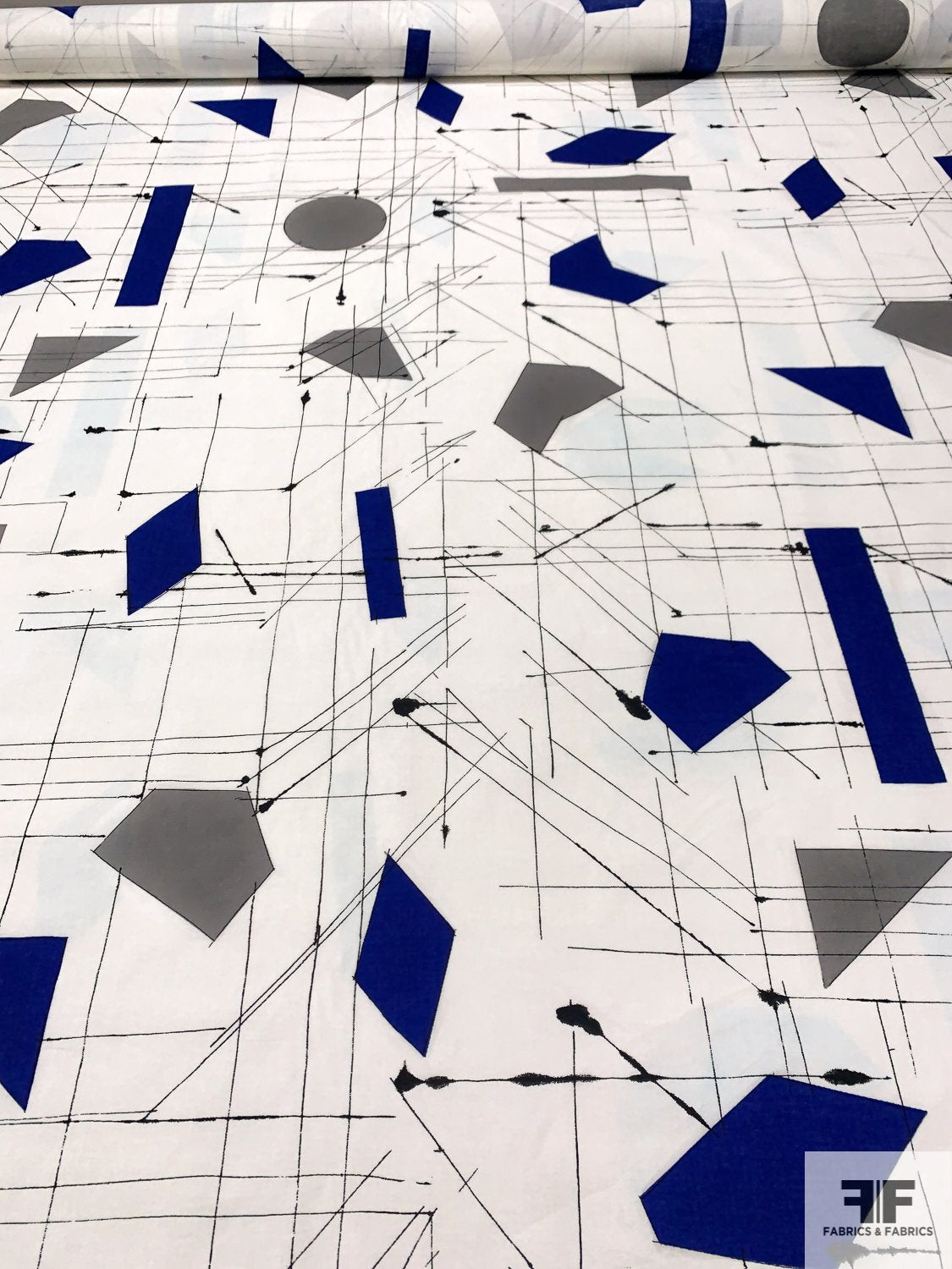 The Architect's Geometric Sketch Printed Cotton Lawn - White / Royal Blue / Grey / Black