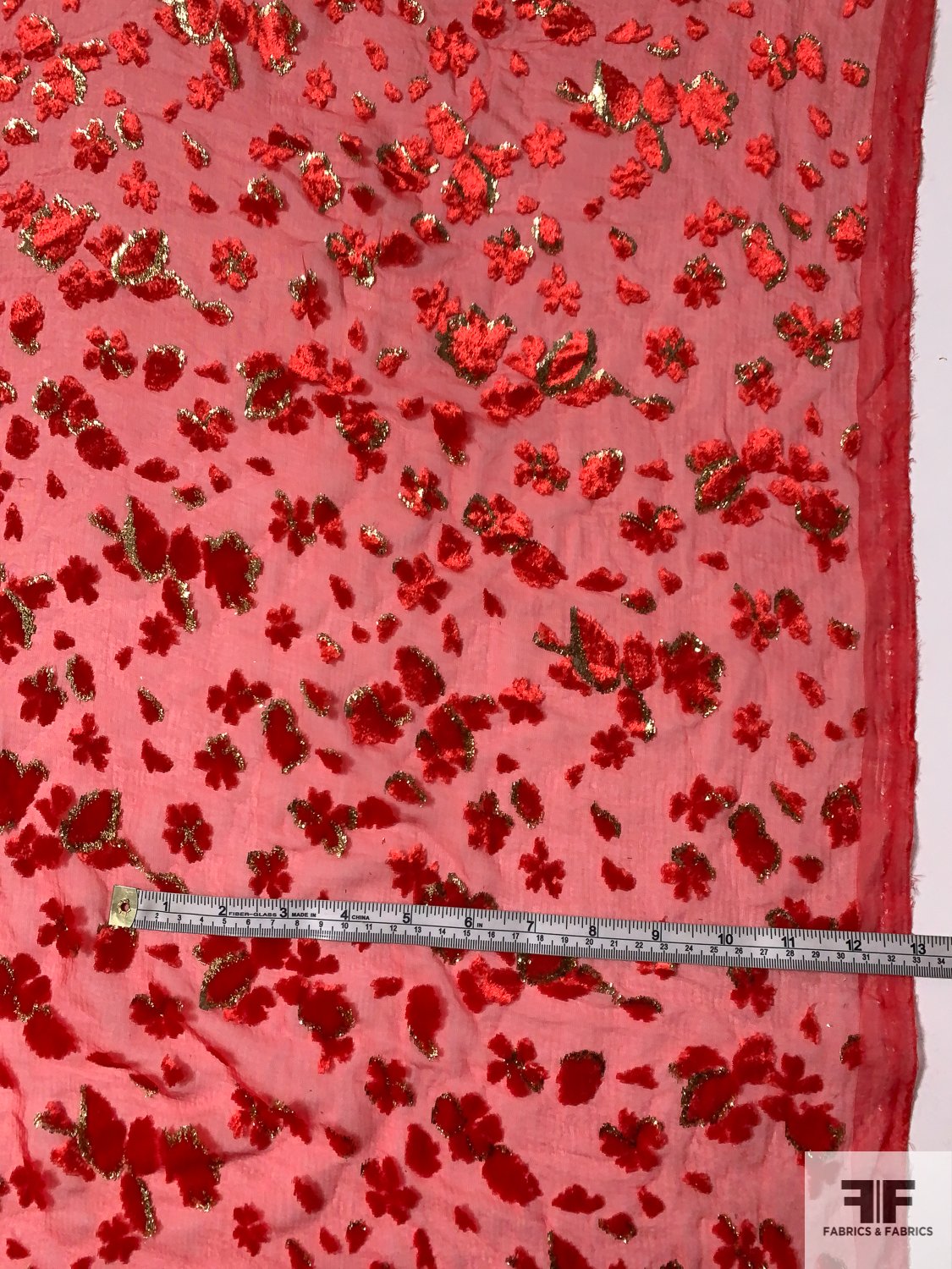 Made in France Abstract Floral Burnout Velvet with Lurex - Vibrant Red / Gold