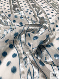 Made in France Polka Dot and Vine Striped Burnout Velvet on Silk Chiffon - Ivory / Sky Blue / Grey