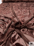 Abstract Swirl Burnout Velvet with Fine Vertical Lurex Stripes - Chocolate Brown