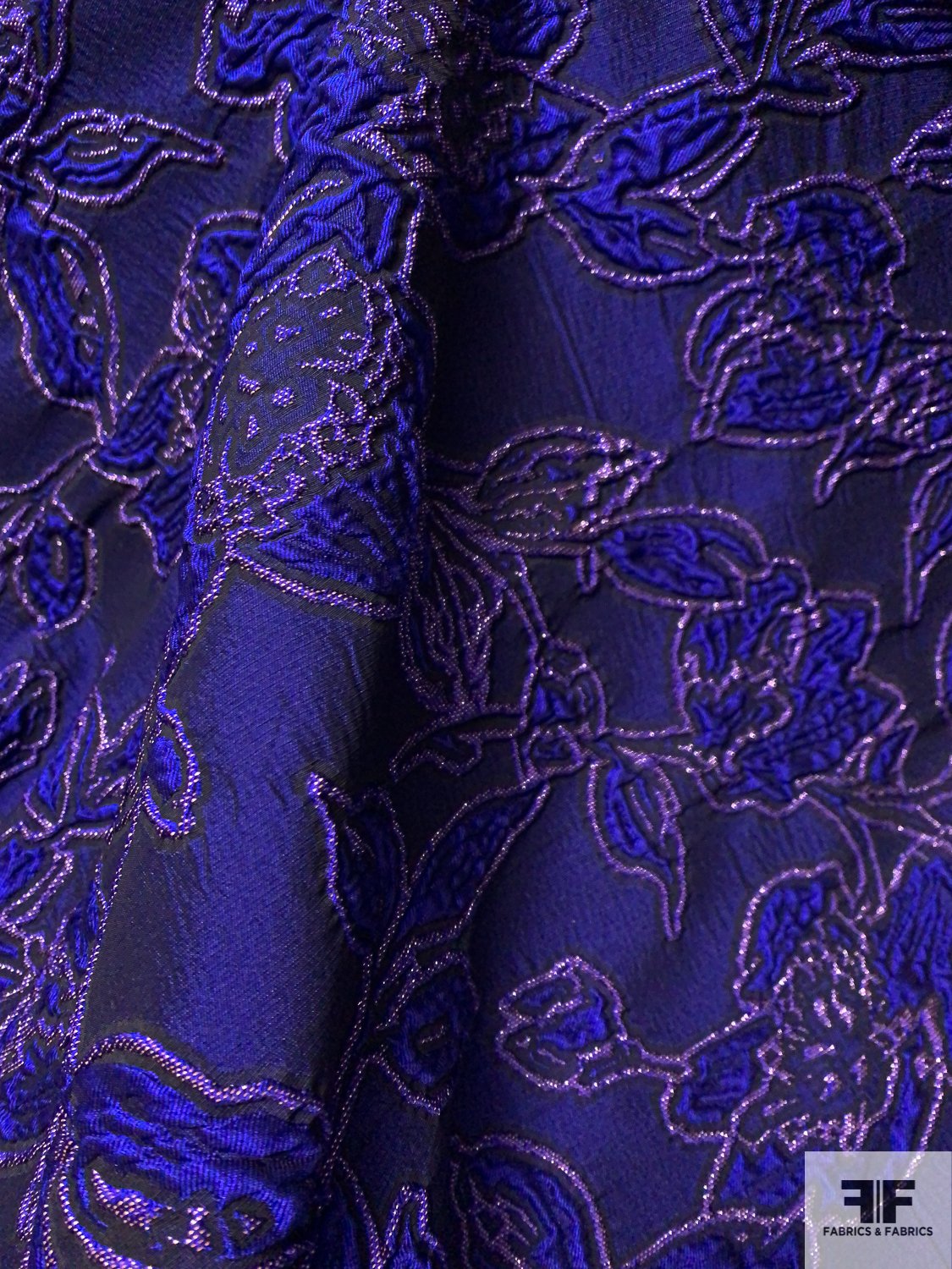 Italian Floral Textured Brocade with Lurex - Royal / Navy / Gold