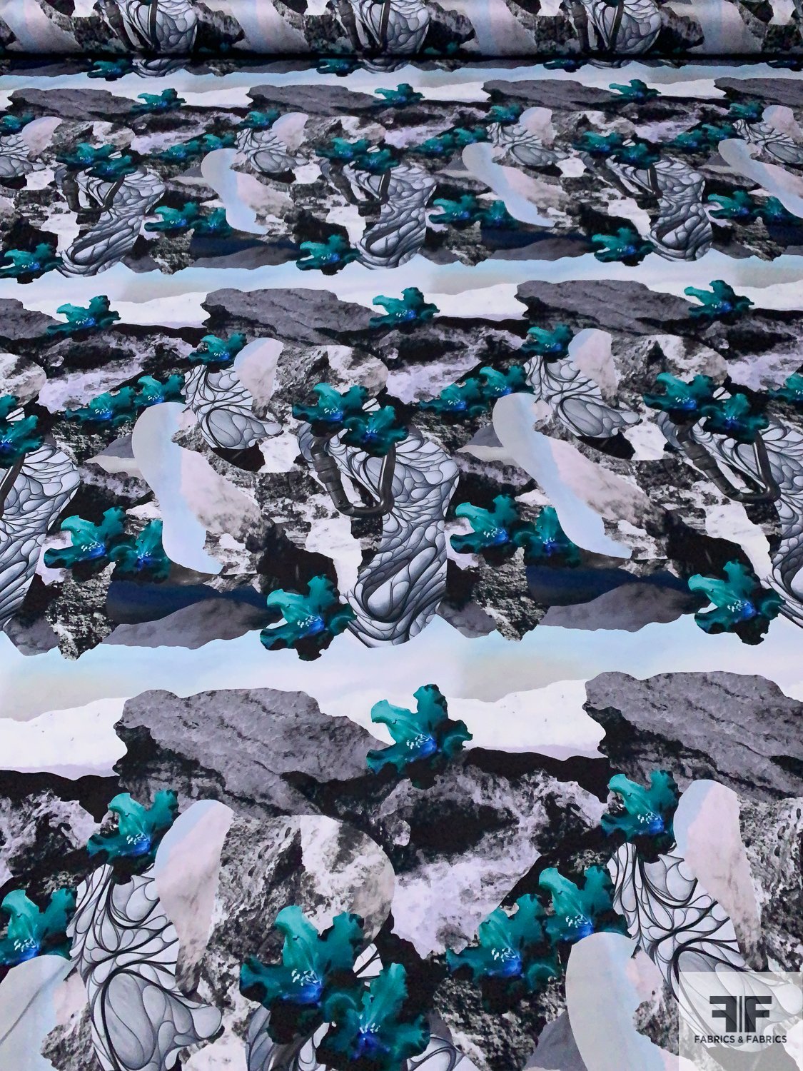 Abstract Collage Printed Double Faced Polyester Satin - Teal / Blue / Grey / Black