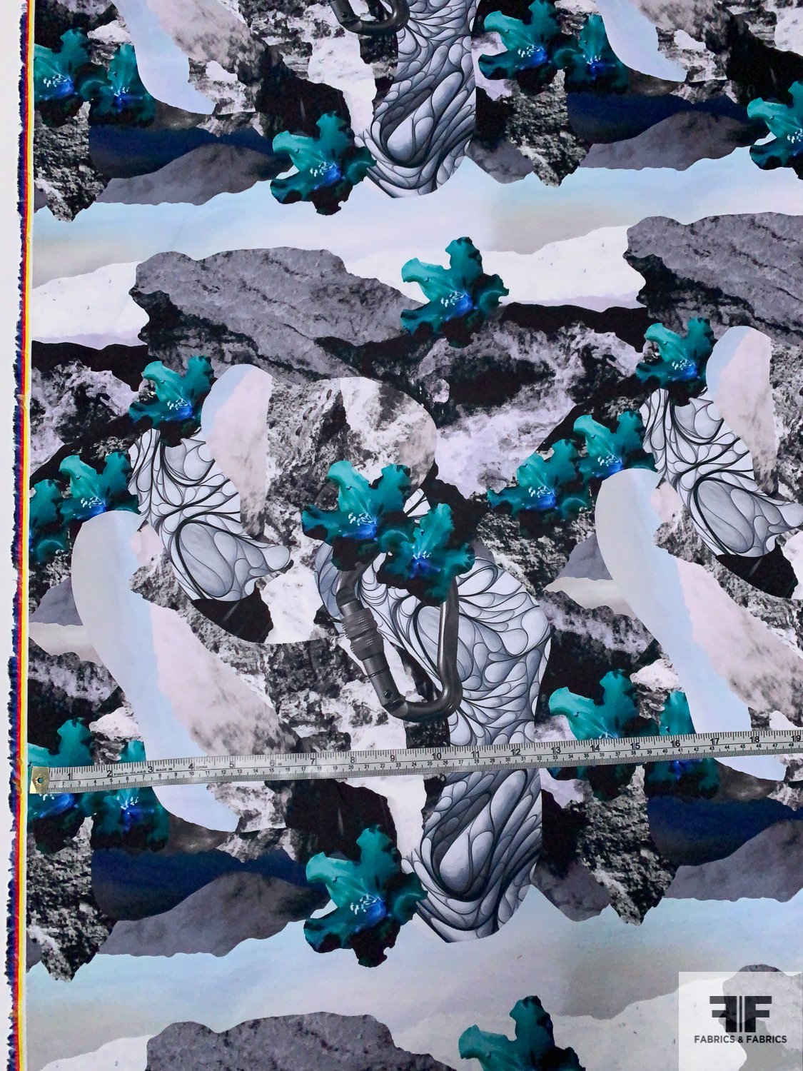 Abstract Collage Printed Double Faced Polyester Satin - Teal / Blue / Grey / Black