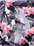 Abstract Collage Printed Double Faced Polyester Satin - Purple / Coral / Black / Grey
