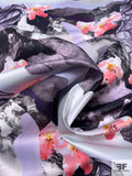 Abstract Collage Printed Double Faced Polyester Satin - Purple / Coral / Black / Grey