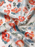Fine Floral Printed Polyester Zibeline - Teal / Shades of Orange / White