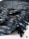 Satin Stripes on Hazy Floral Design Printed Polyester Satin - Teal / Black / Gold