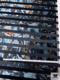 Satin Stripes on Hazy Floral Design Printed Polyester Satin - Teal / Black / Gold