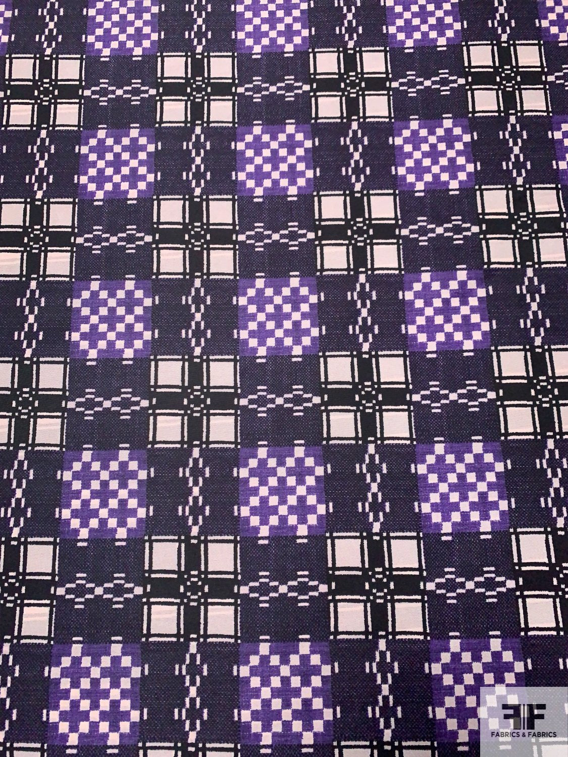 Ethnic Geometric Checkerboard Printed Poly Nylon Faille - Purple / Eggplant / Black