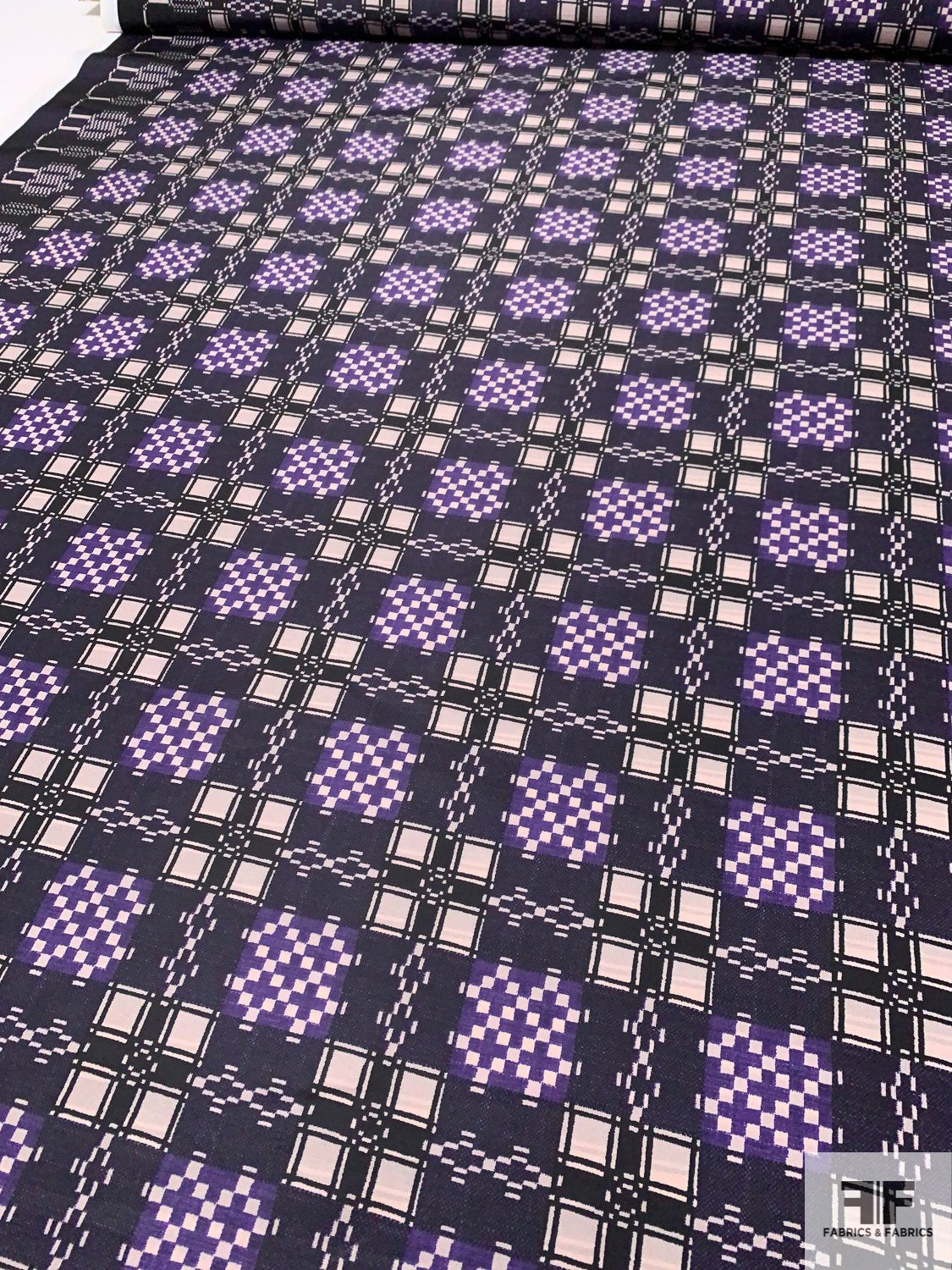 Ethnic Geometric Checkerboard Printed Poly Nylon Faille - Purple / Eggplant / Black