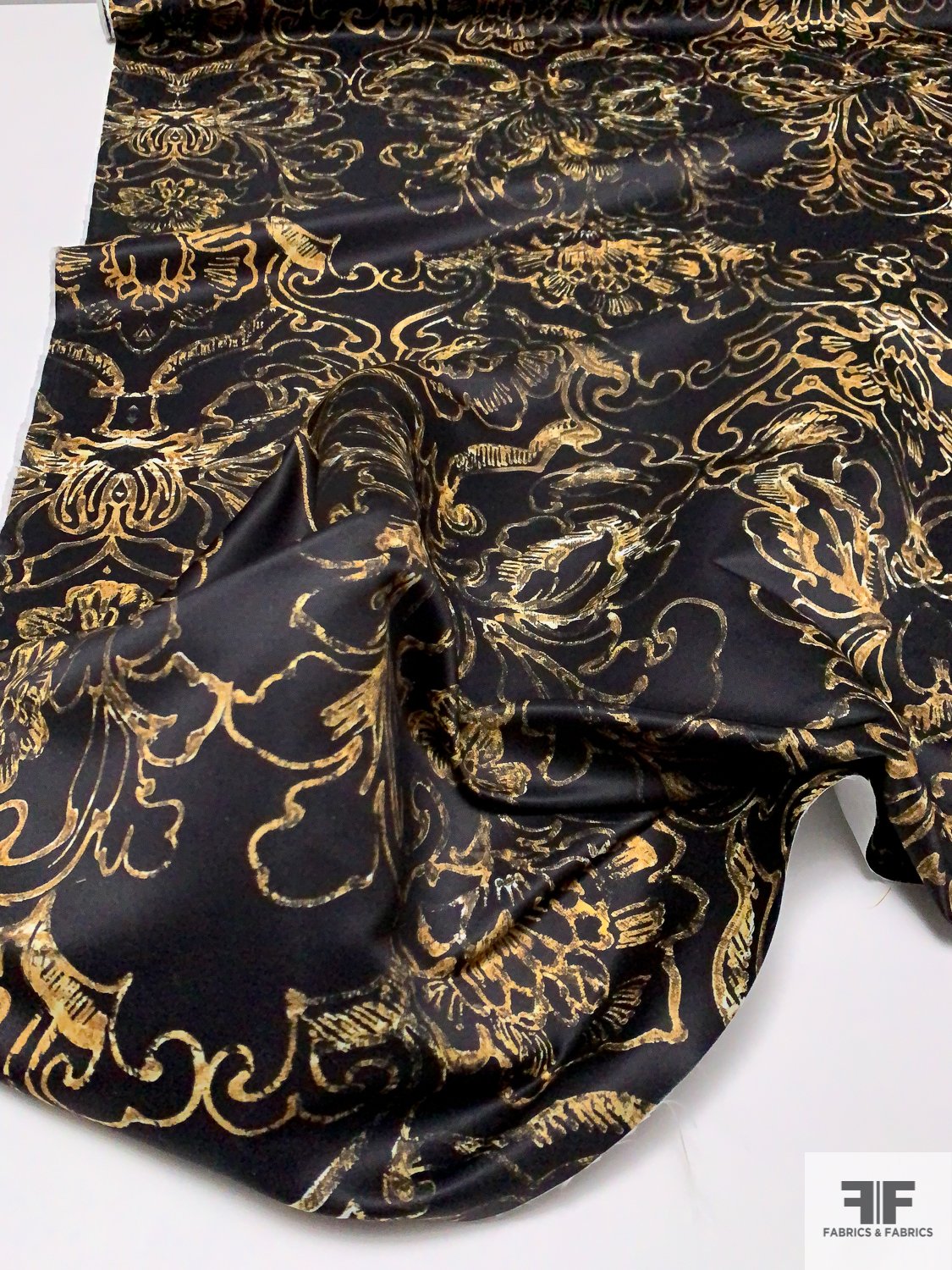 Damask-Like Printed Polyester Satin - Goldish-Yellow/Black | FABRICS & FABRICS Fabrics & Fabrics Damask-Like Printed Polyester Satin - Goldish-Yellow/Black | FABRICS & FABRICS Fabrics & Fabrics