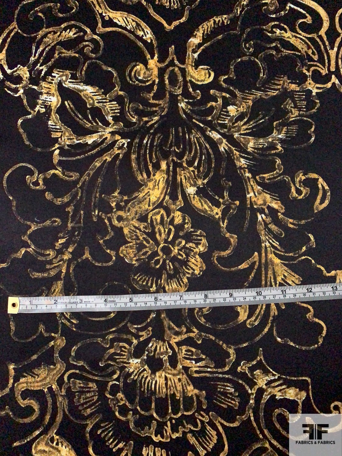 Damask-Like Printed Polyester Satin - Goldish-Yellow / Black
