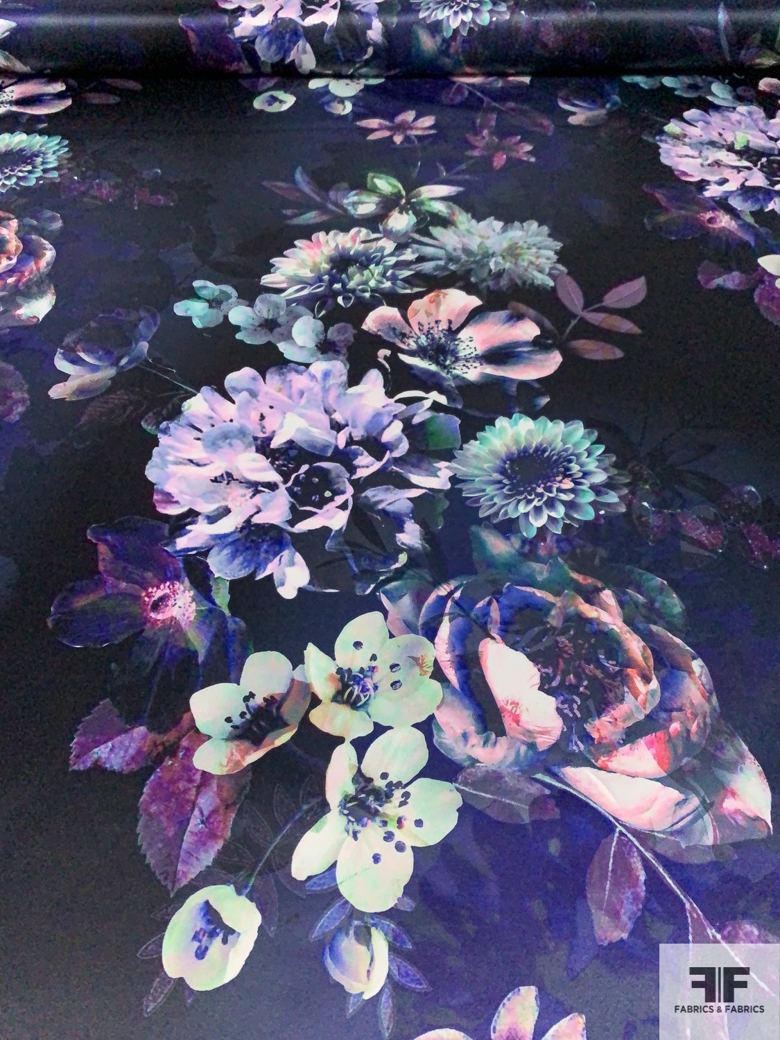 Mystical Floral Printed Polyester Satin - Navy / Shades of Purple / Multi