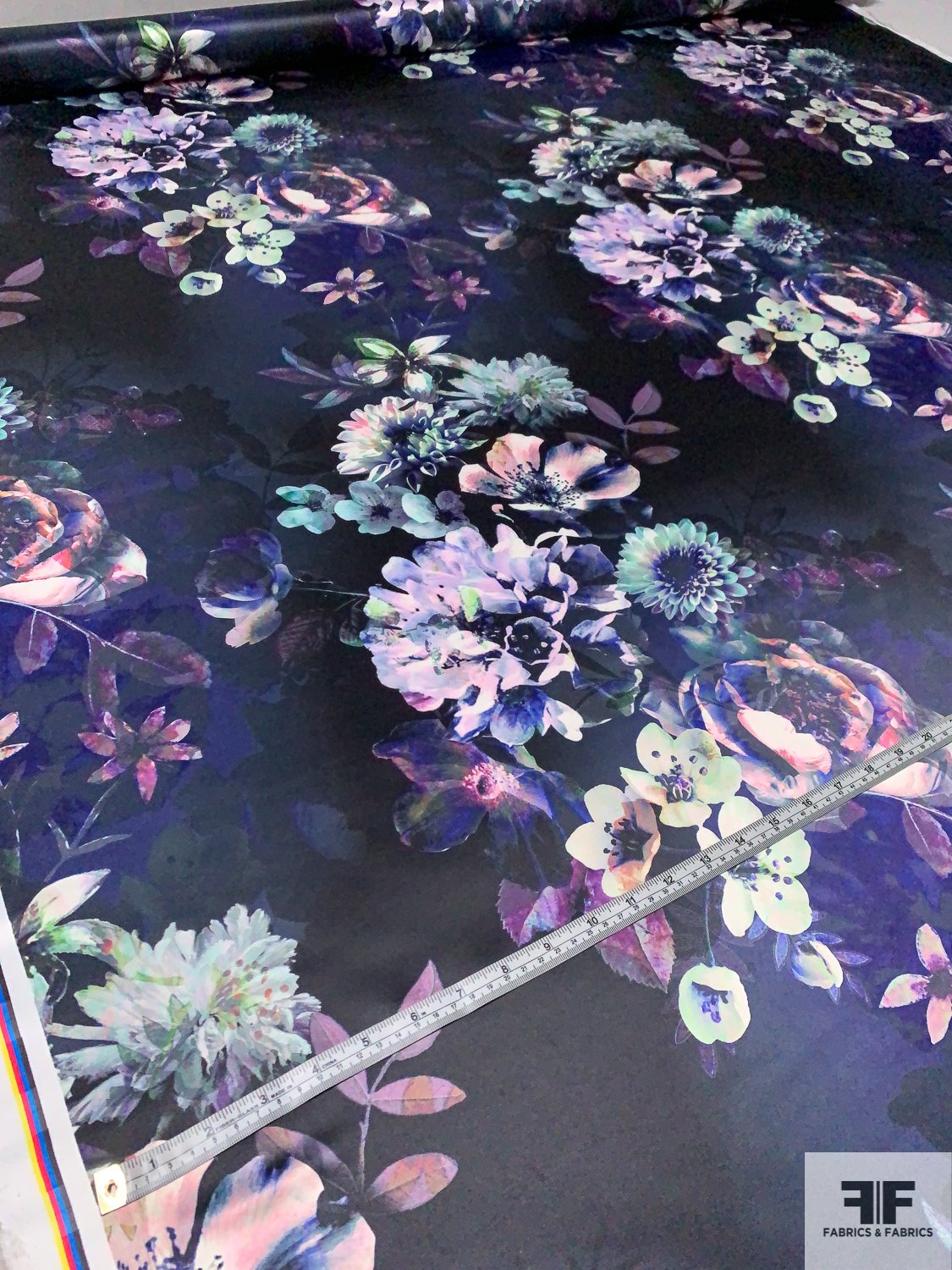 Mystical Floral Printed Polyester Satin - Navy / Shades of Purple / Multi