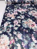 Floral Lovers Dream Printed Polyester Satin - Shades of Pink / Navy / Light Teal