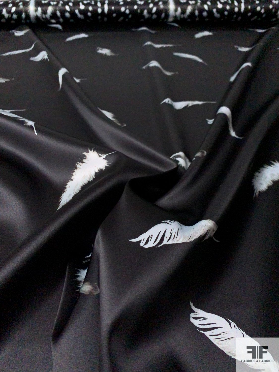 Double-Face and Double-Printed Feather Animal Pattern Polyester Satin with Mechanical Stretch - Black / Dove Grey / Taupe
