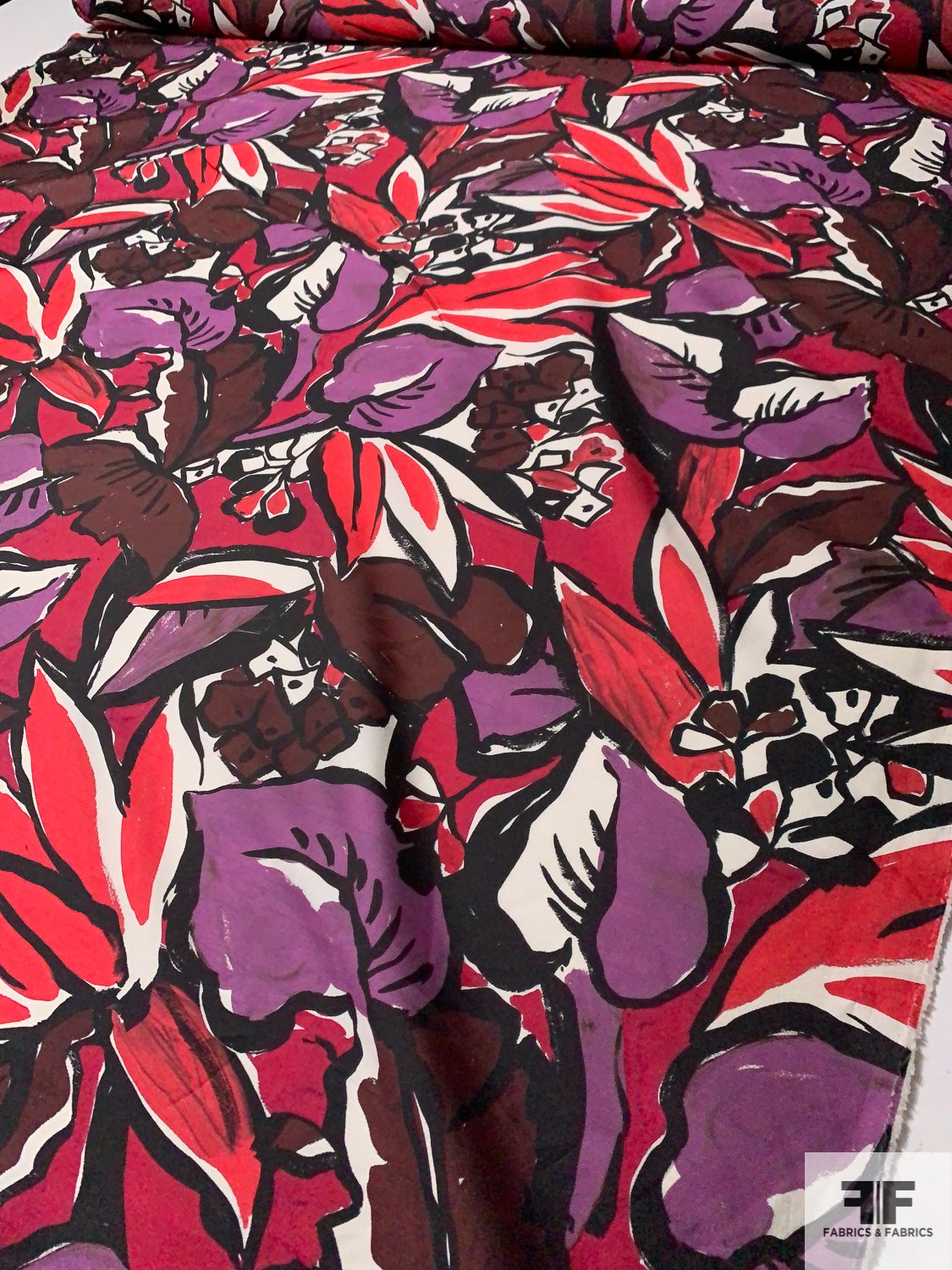 Made in Spain Painterly Leaves Printed Silk Blend Mikado - Magenta / Purple / Maroon / Black