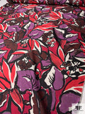 Made in Spain Painterly Leaves Printed Silk Blend Mikado - Magenta / Purple / Maroon / Black