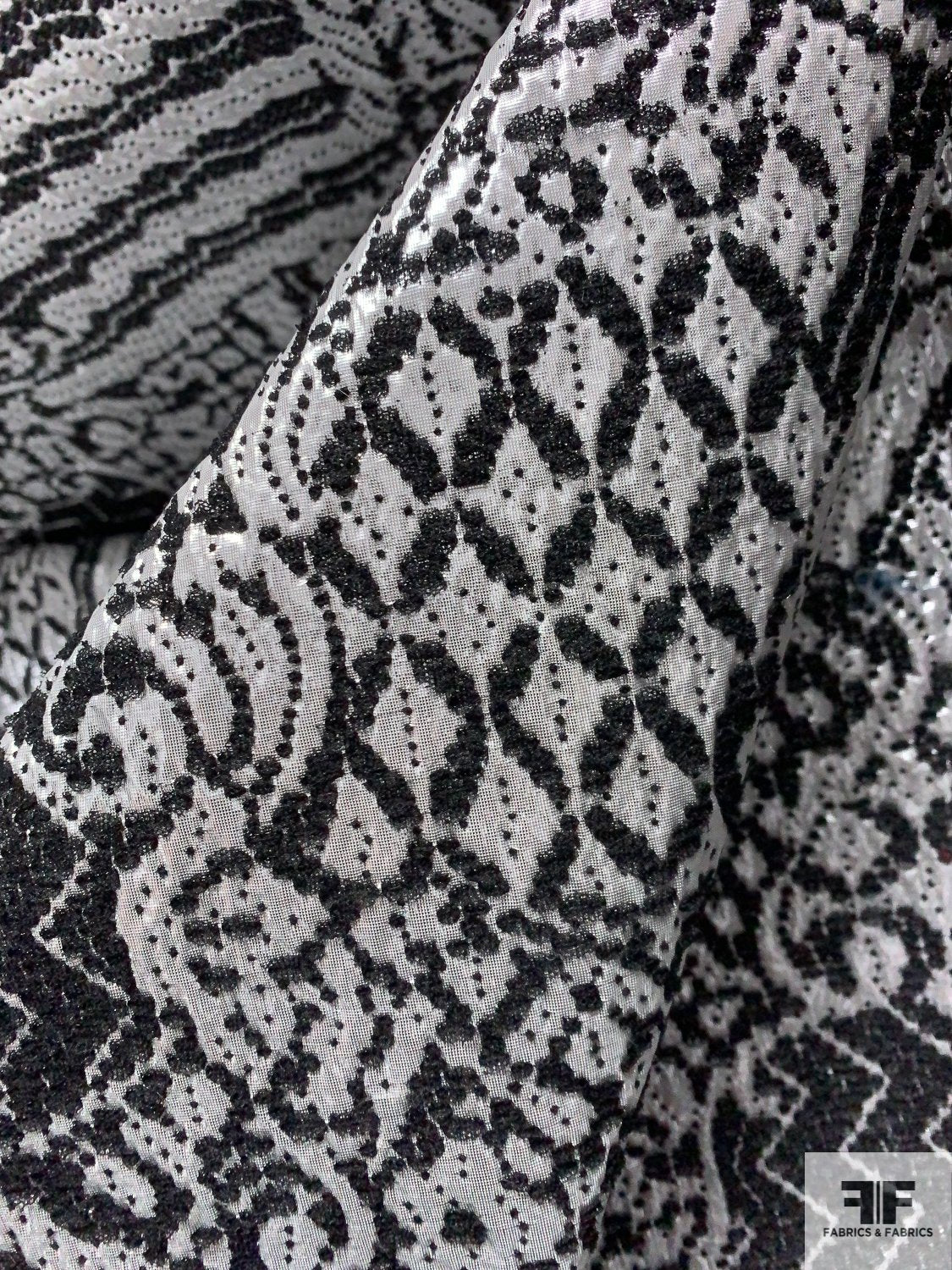 Italian Abstract Textured Silk Poly Lurex Novelty Brocade - Black / Silver
