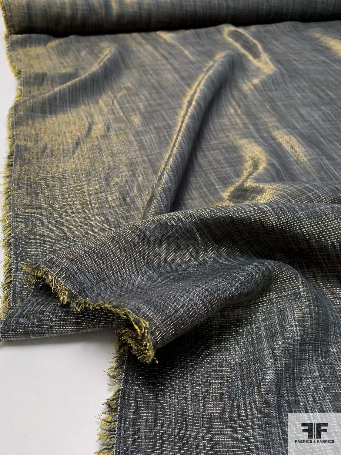 Italian Linen-Like Cotton with Lurex Stripes - Dark Navy / Grey / Gold