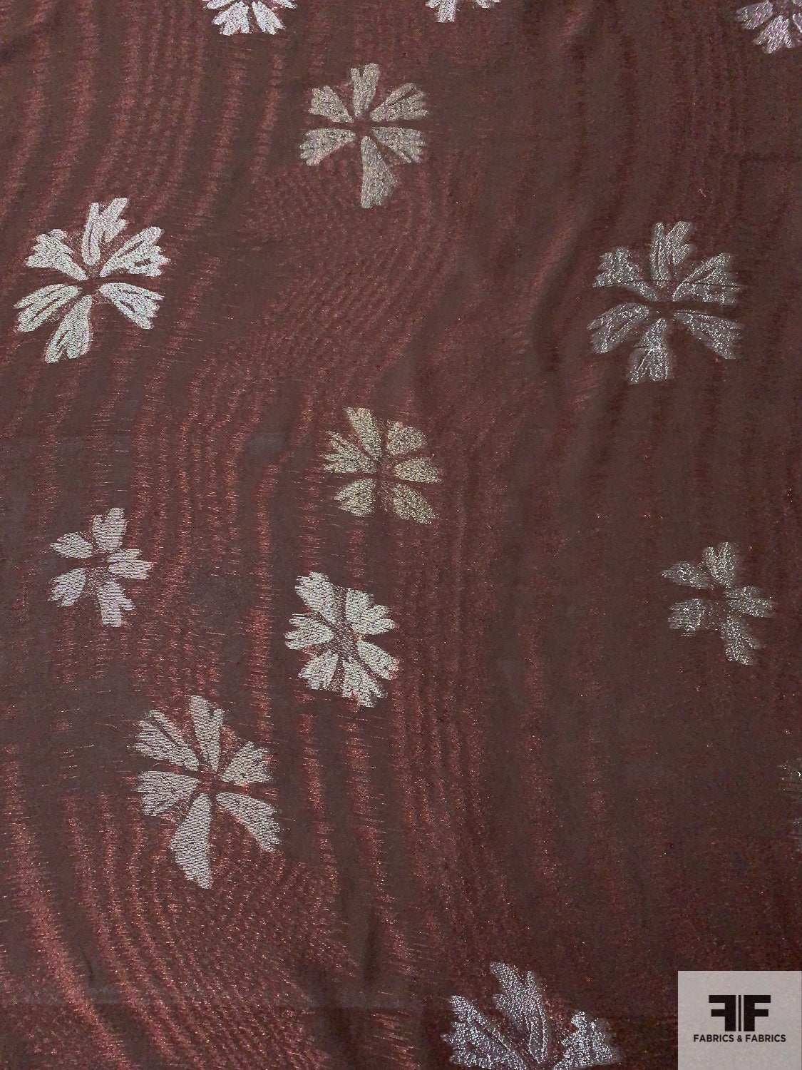 Italian Silk Chiffon with Lurex Floral and Moiré-Like Design - Brown / Copper / Silver