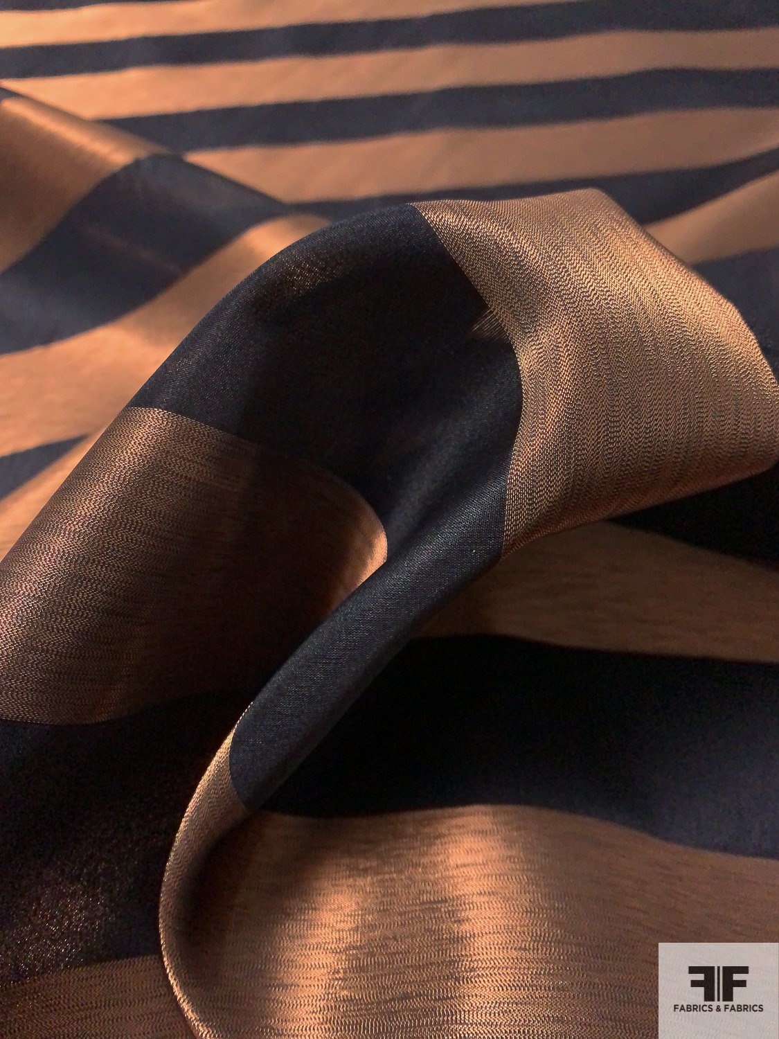 Italian Horizontal Striped Silk and Lurex Organza - Black / Copper