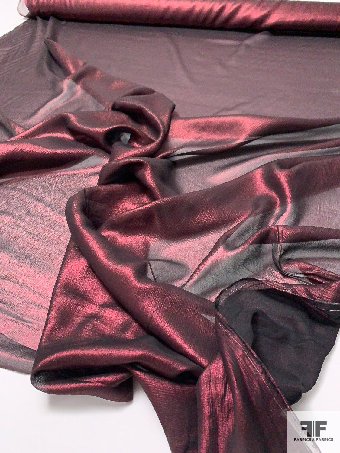 Italian Crinkled Silk Chiffon with Metallic Foil Print - Lustrous Merlot / Black