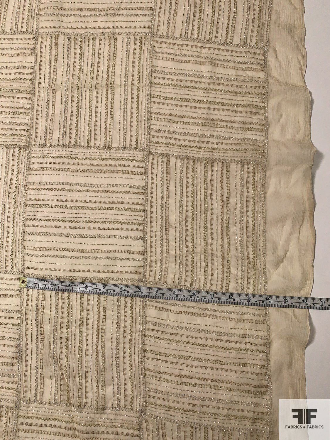 Silk Chiffon with Intricate Ethnic Tile Pattern Threadwork - Light Beige / Gold / Silver