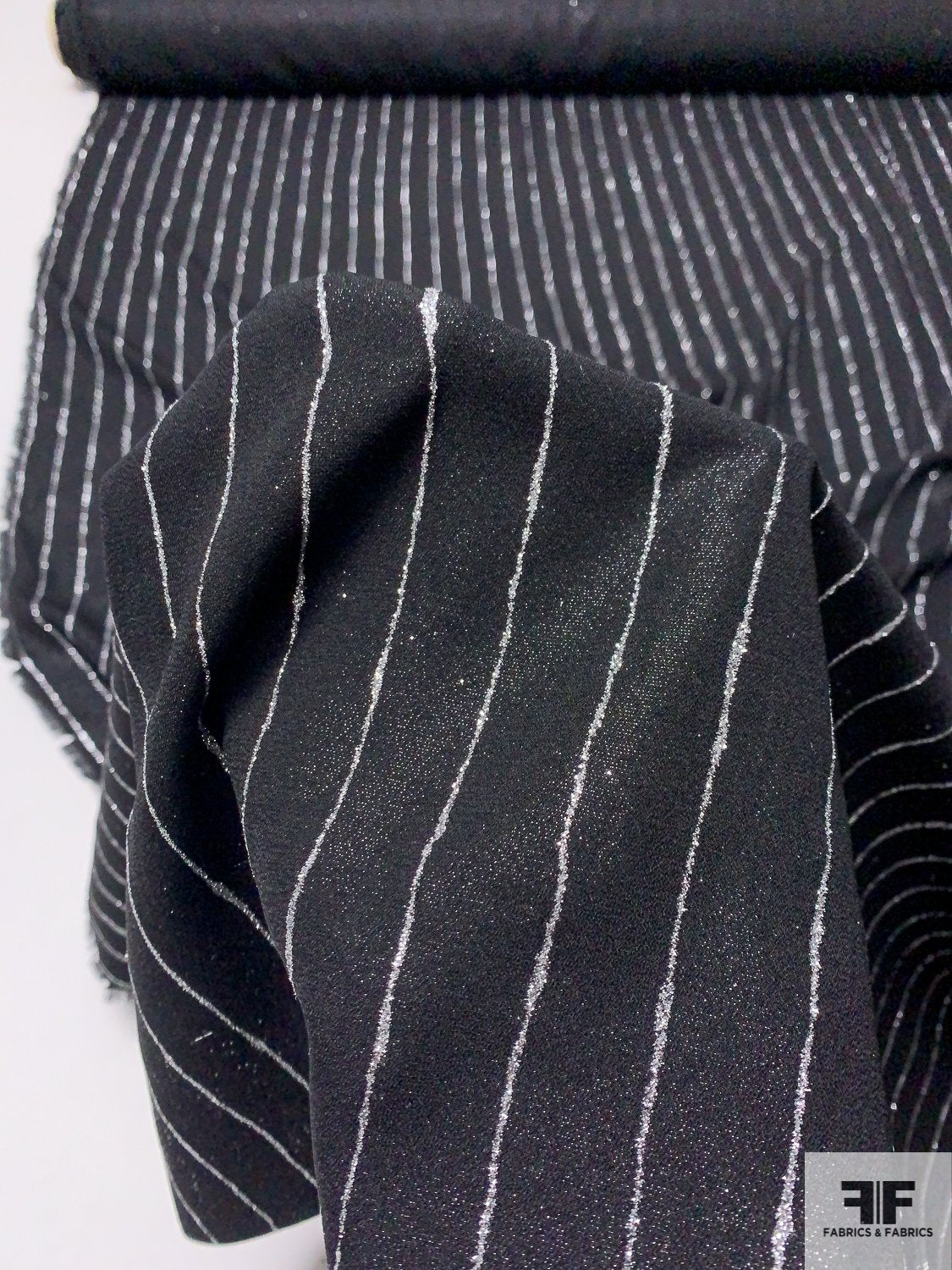 Italian Fine Poly Crepe with Sparkly Silver Gangster Stripes - Black / Silver