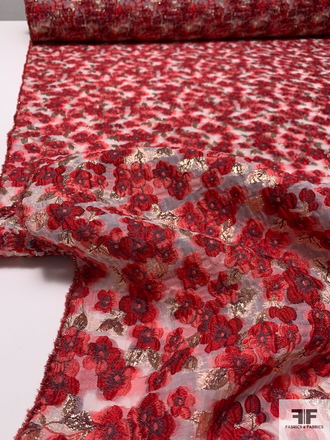 Italian Floral Textured Fil Coupé with Lurex - Red / Coral / Off-White / Rose Gold