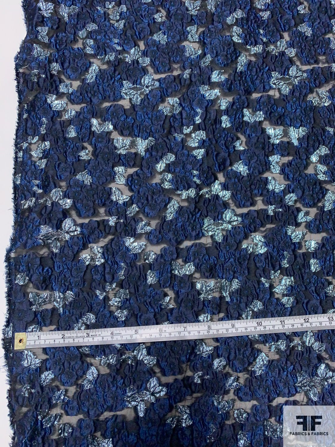 Italian Floral Textured Fil Coupé with Lurex - Navy / Metallic Light Blue