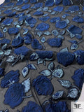 Italian Lela Rose Large Floral Textured Fil Coupé with Lurex on Organza - Navy / Black / Metallic Light Blue