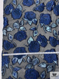Italian Lela Rose Large Floral Textured Fil Coupé with Lurex on Organza - Navy / Black / Metallic Light Blue