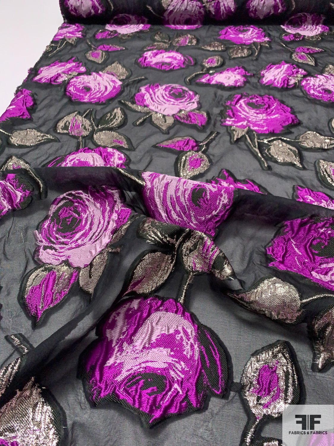 Italian Large Floral Textured Fil Coupé with Lurex on Organza - Magenta / Lavender / Black / Silver