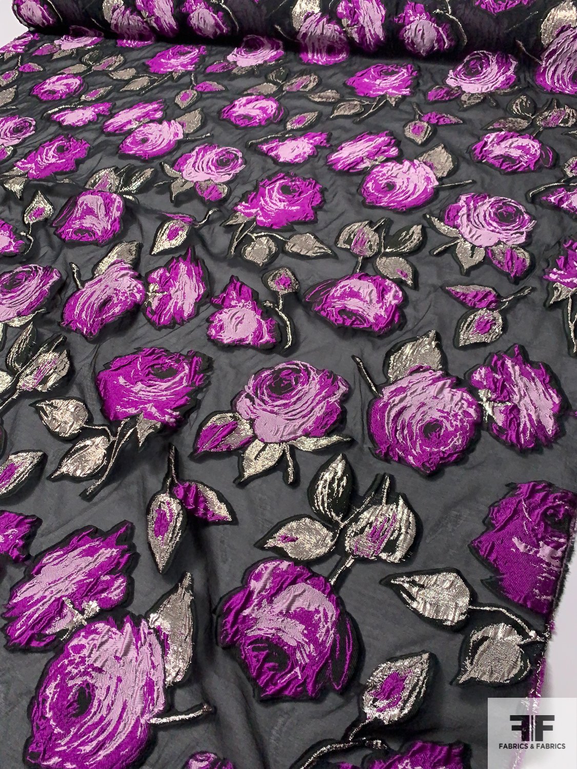 Italian Large Floral Textured Fil Coupé with Lurex on Organza - Magenta / Lavender / Black / Silver