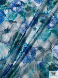 Italian Large Watercolor Floral Printed Novelty Shimmer Organza - Blue / Teal / White