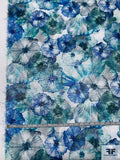 Italian Large Watercolor Floral Printed Novelty Shimmer Organza - Blue / Teal / White